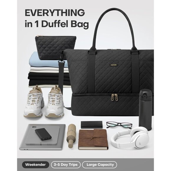 Hotor Women Black Large Overnight with Shoe Compartment  Travel Duffel Bag - Picture 2 of 8